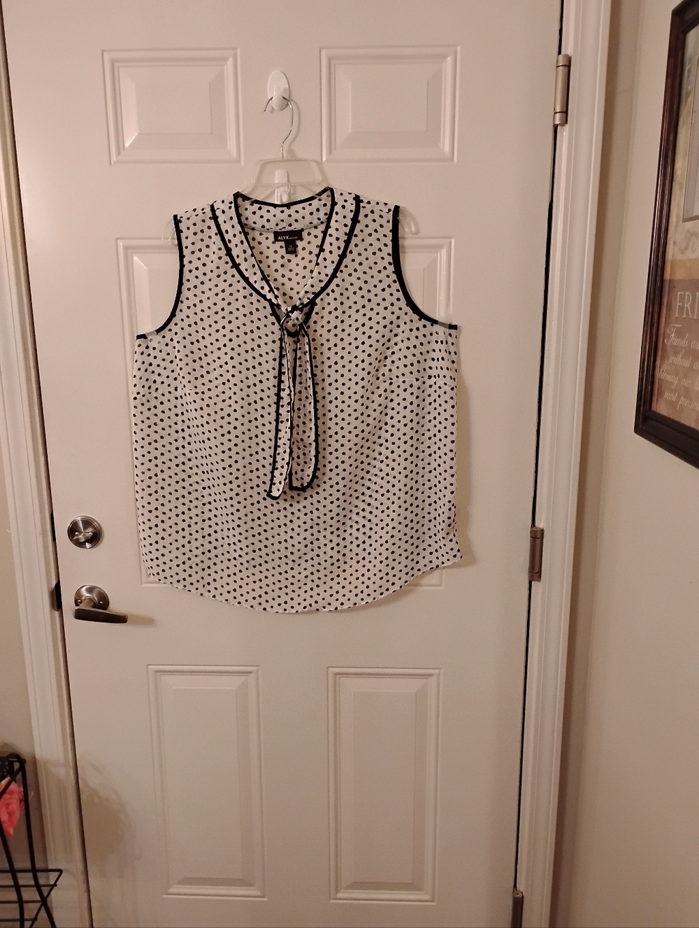 Alyx Woman Sheer Sleeveless White Polka Dot Tie-Neck Blouse